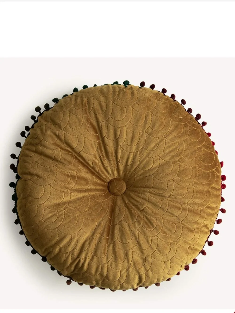 Tufted Chair Cushion with ORANGE Pom Pom Trim 16” Round - YELLOW